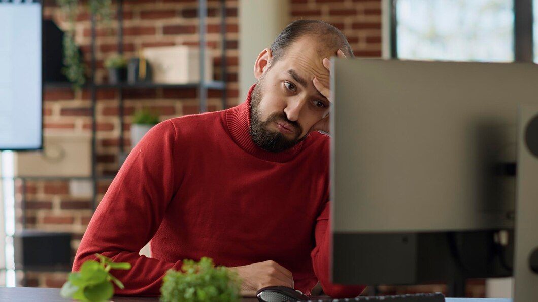 A frustrated online retailer in front of his desktop computer